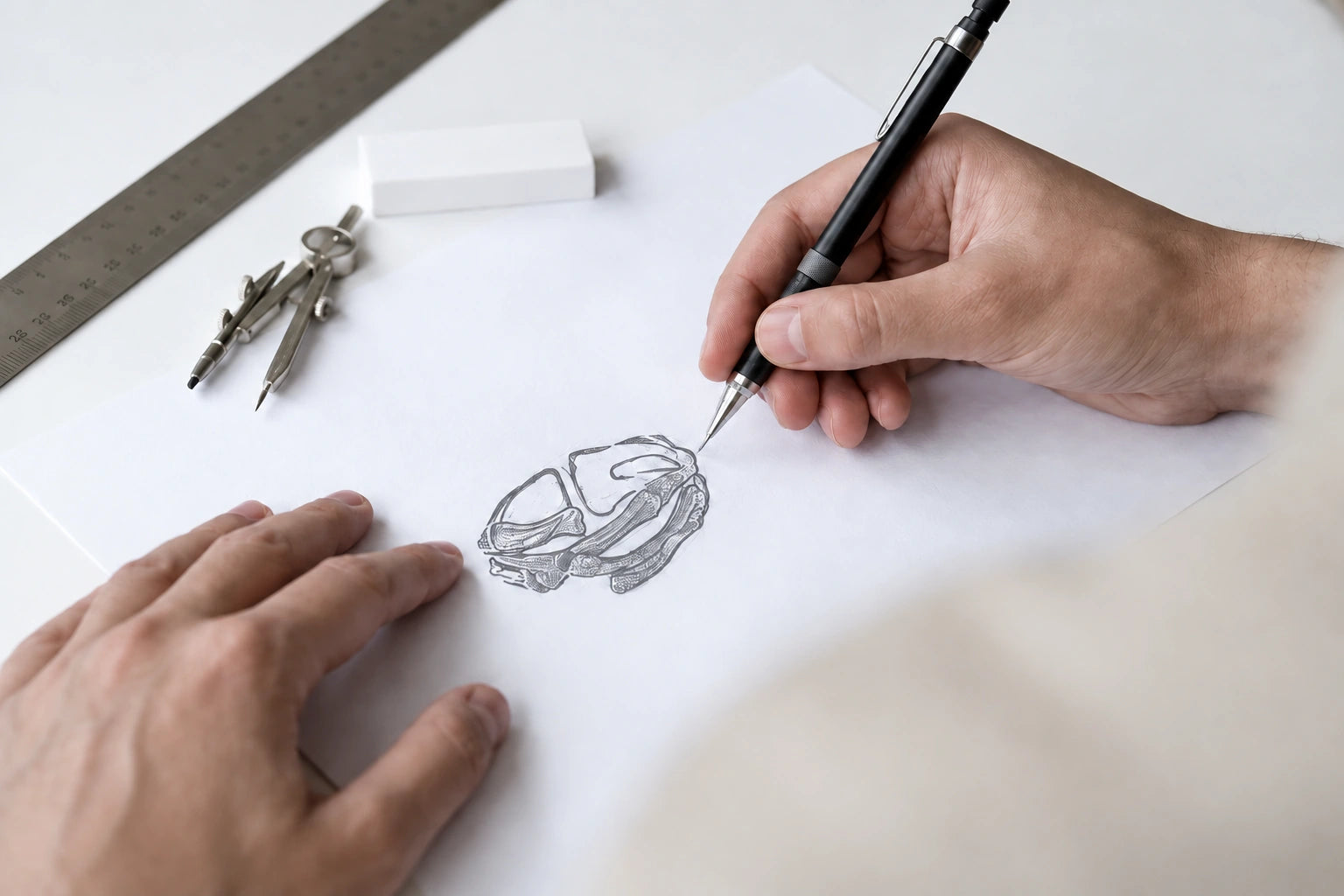 Hands drawing a bone ring in pencil on a white workbench